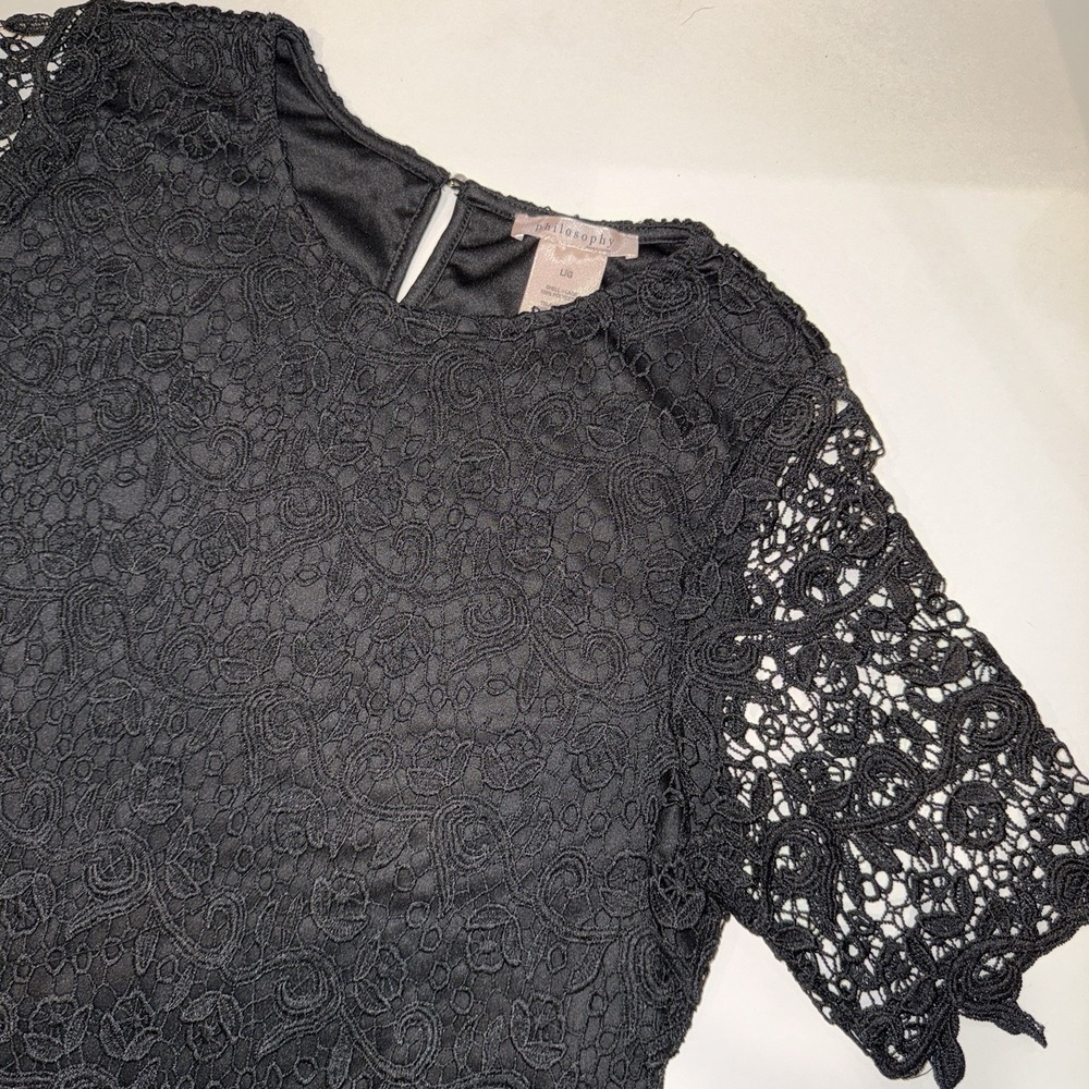 Philosophy Republic Black Floral Lace Short Sleeve Blouse Top Lined L Large